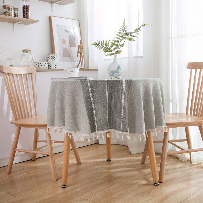 Dimatic Heavy Weight Cotton Linen Tablecloth - Round 60 Inch Tablecloth - Tassel Stitching Table Cover for Kitchen Dining Room Tabletop Decoration - Gray - Image 4